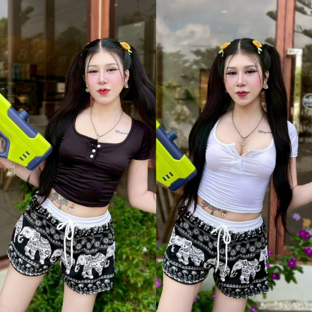 เซ็ท 2 ชิ้น เสื้อครอป + กางเกงขาสั้น ลายช้าง!! S02