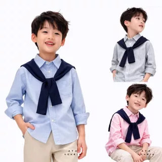 เสื้อเชิ้ตเด็กชาย 👦🏻 ผ้าออกซ์ฟอร์ด พร้อมผ้าพาดไหล่สีกรม แขนยาว 1-9 ขวบ ผลิตในไทย พร้อมส่ง 🚚 (แขนยาว)