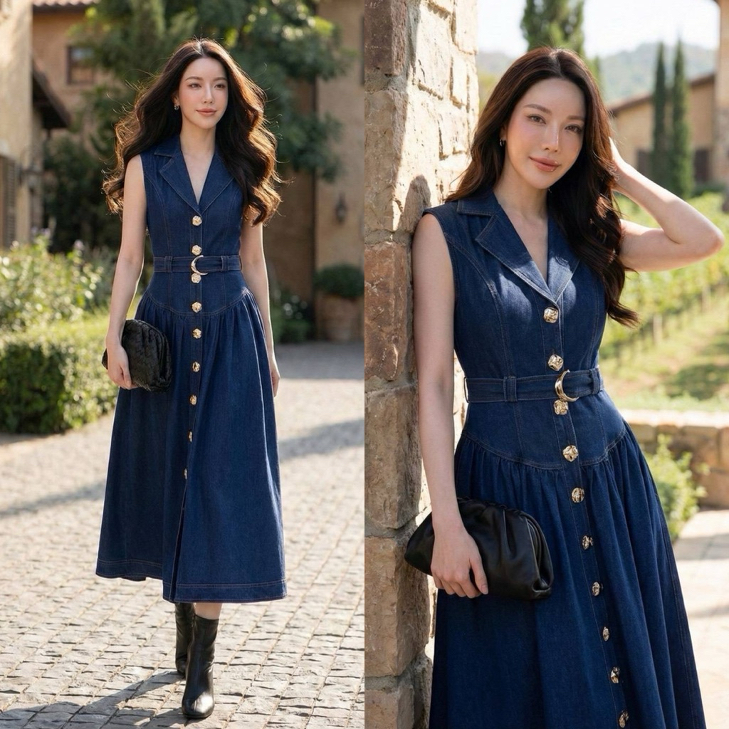 Showroom•maxi dress แขนกุด แต่งปก ผ้ายีนส์มีน้ำหนัก กระโปรงทรงปริ๊นเซสประดับกะดุมทอง มาพร้อมเข็มขัด 1เส้น