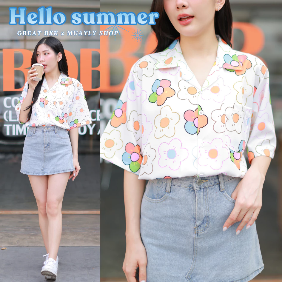 S100 เสื้อฮาวายลายสงกรานต์ แขนสั้น ชาย-หญิง สไตล์เกาหลี