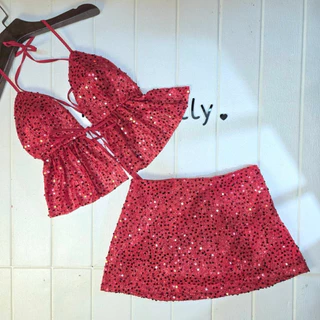 💕ShopBypuy💕ชุดเซ็ตวิ้งๆเกร็ดกลิตเตอร์สุดเซ็กซี่เสื้อแหวกหน้า+กระโปรง