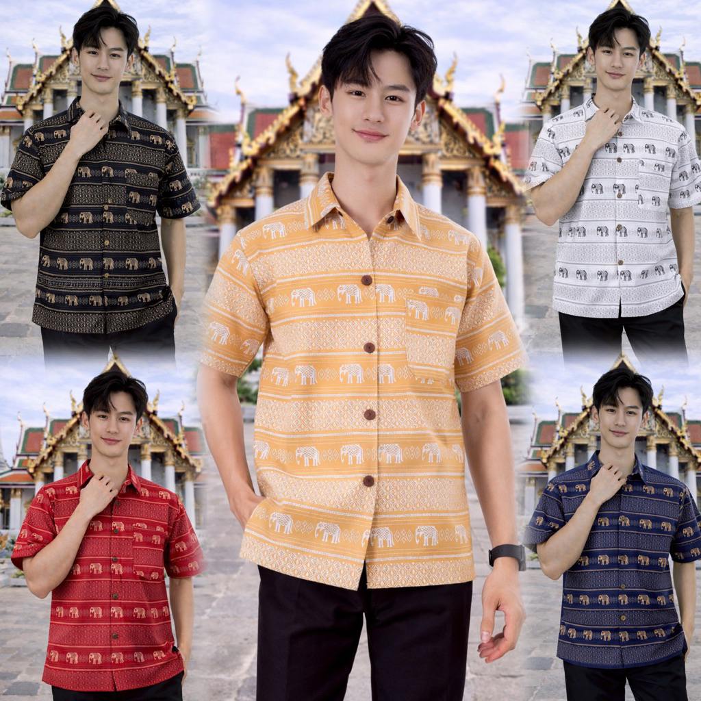 เสื้อพื้นเมืองผู้ชาย คอเชิ้ตลายช้างแต่งเต็มตัว
