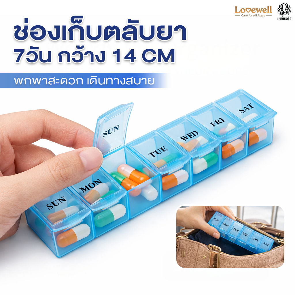 กล่องยา ตลับยา วิตามิน อาหารเสริม สำหรับ 7 วัน [FOOD GRADE] พกพาง่าย ไม่ชื้น Pill Case / Medical organizer 14 CM