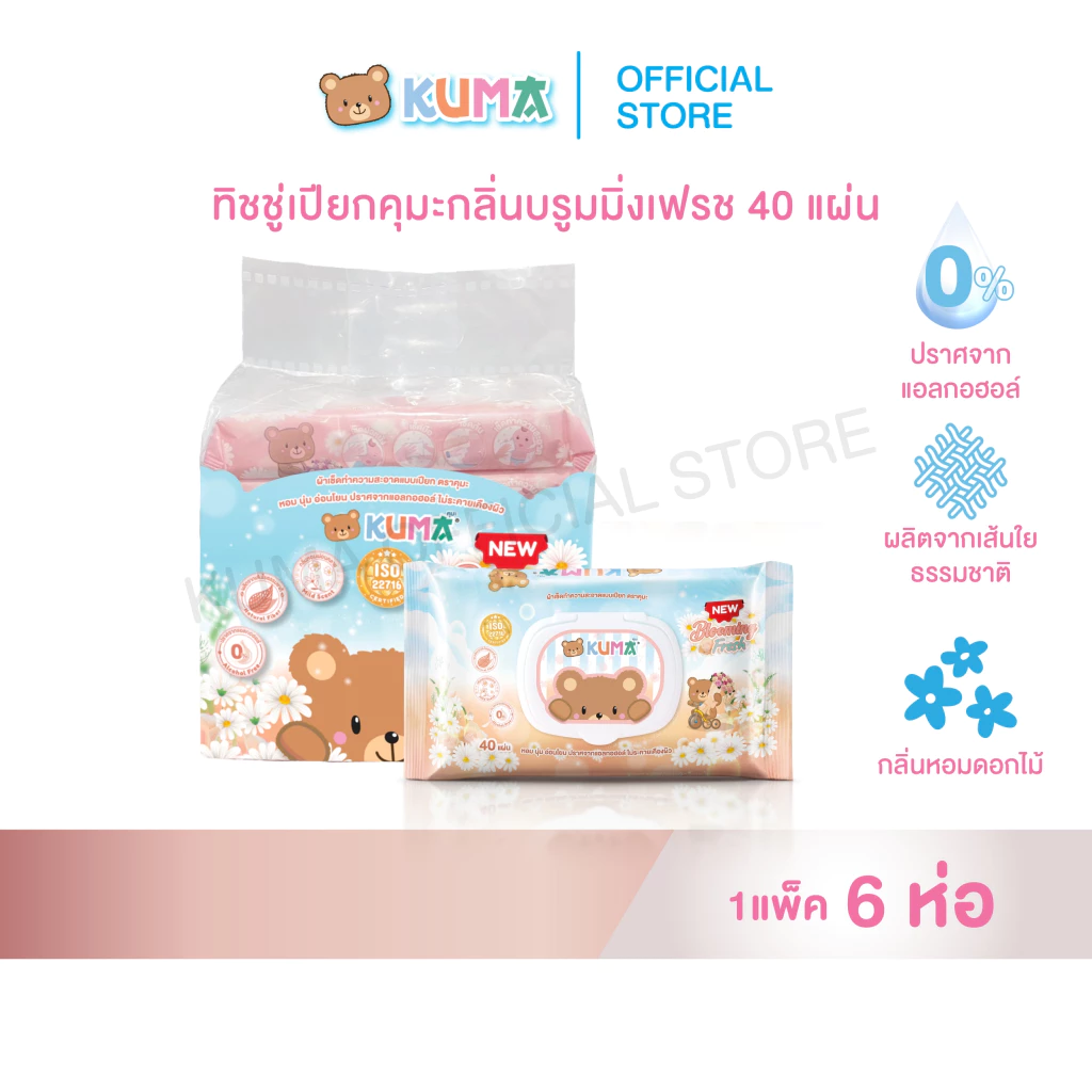 กระดาษทิชชู่เปียก คุมะ กลิ่น Blooming Fresh 40 แผ่น 1 แพ็ค (บรรจุ 6 ห่อ)