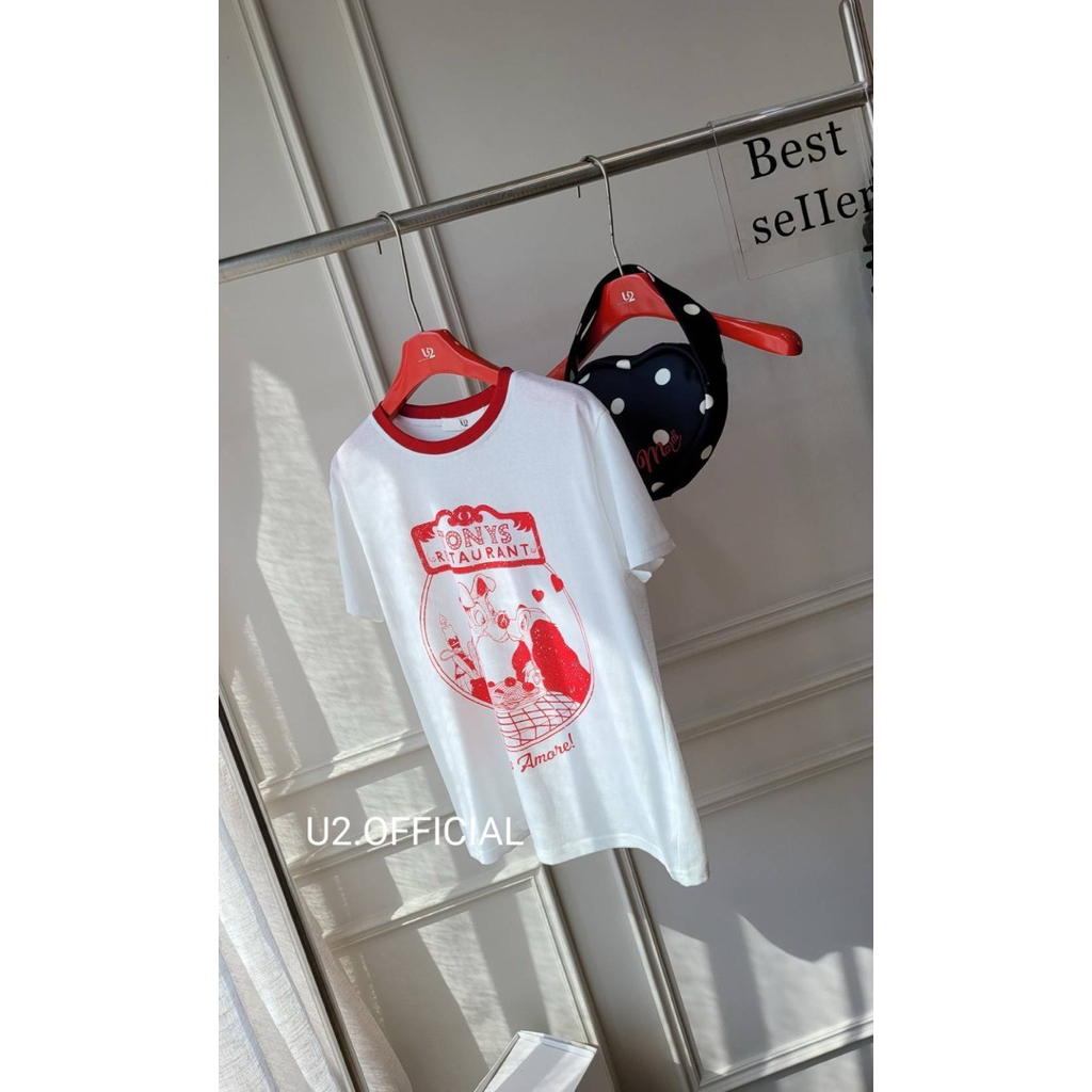 U2❤️🤍 เสื้อยืดสีขาวลายแดง lady ทรัมป์