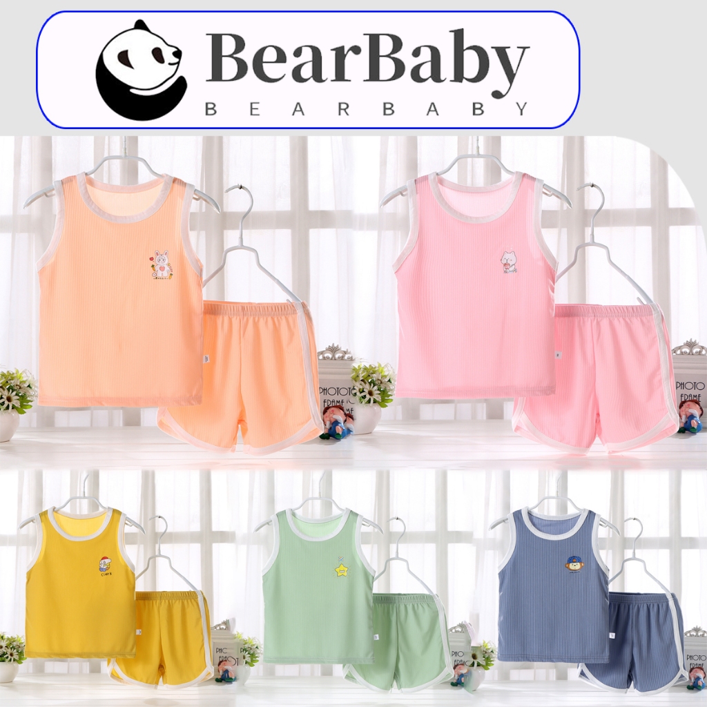 BEAR BABY ชุดเด็ก เสื้อกล้าม+กางเกงขาสั้น สีพื้น โทนกับสีขาว สีสวยยืดได้ ไซศ์80-120 พร้อมส่ง