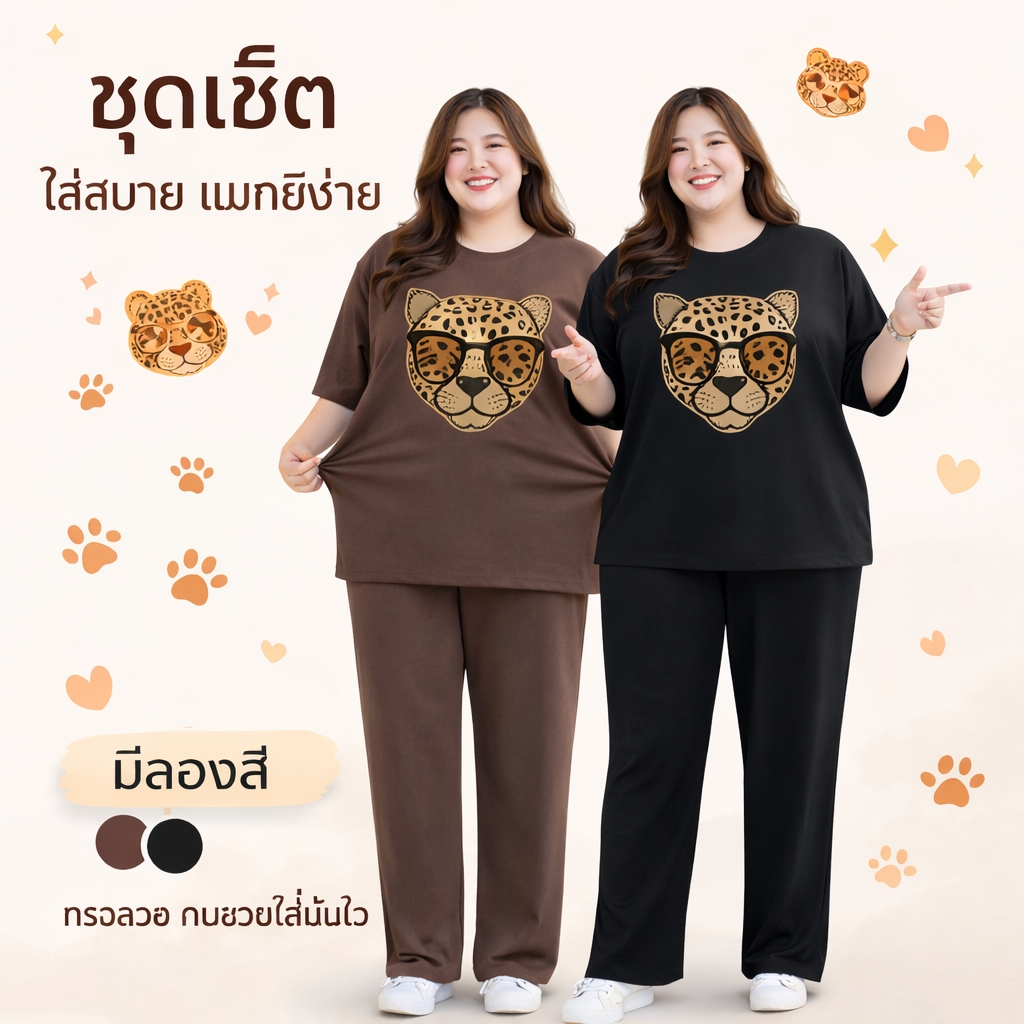 ชุดเซ็ท ไซส์ใหญ่จัมโบ้ เสื้อคอกลม แขนสั้น สกรีนลายการ์ตูนเสือ กางเกงขายาว ทรงขากระบอก ผ้าอัดลายเม็ดงา 9015+tt-190#