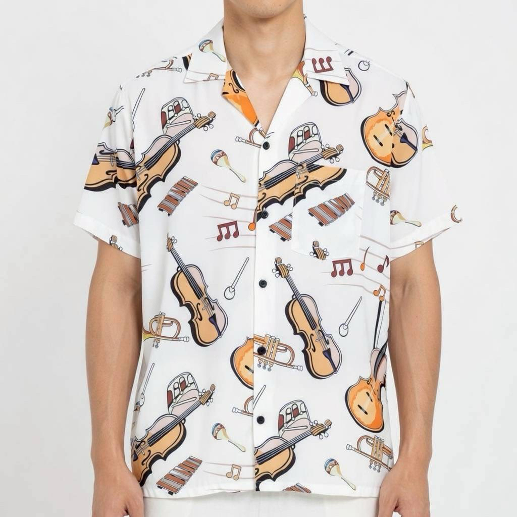 เสื้อเชิ้ตฮาวาย ลายไวโอลีนดนตรี (พื้นสีขาว) ผ้าไหมอิตาลี