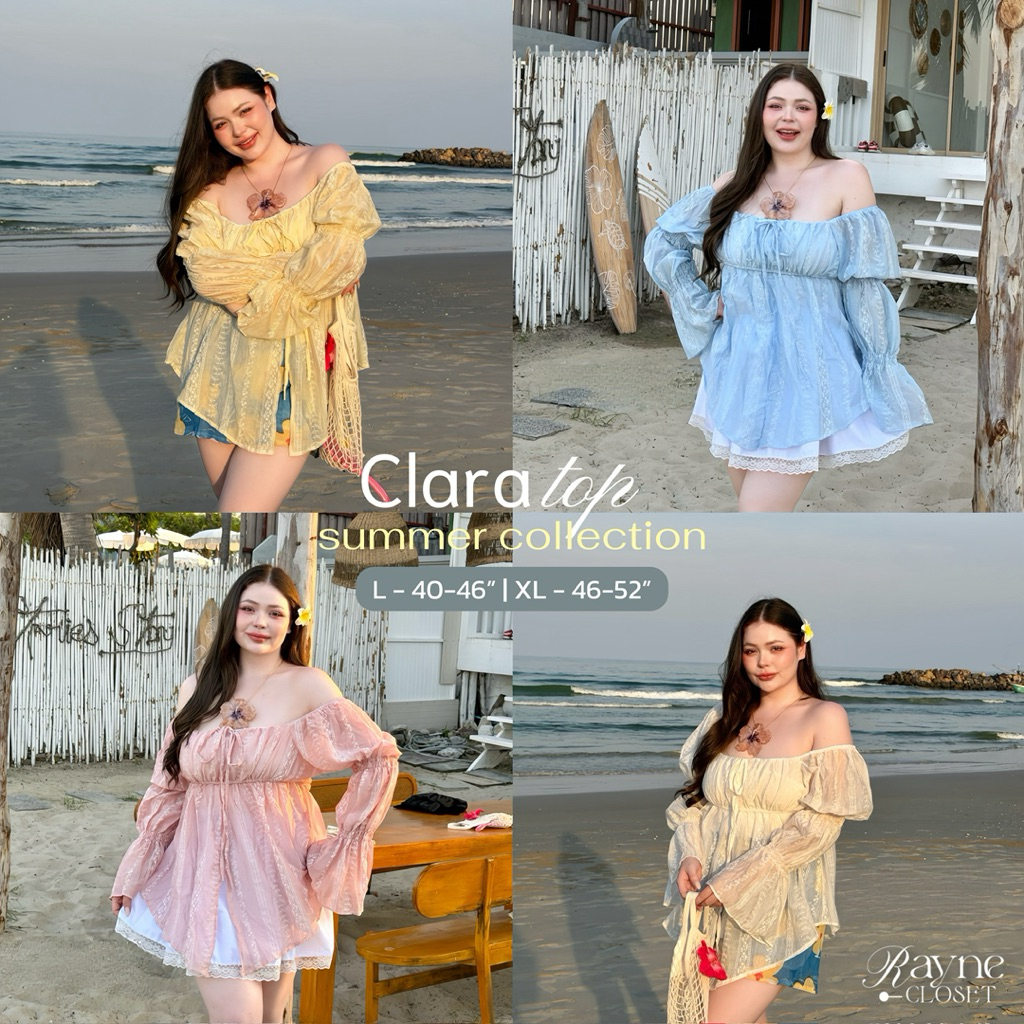 Clara Top - เสื้อแขนยาวปาดไหล่ลายดอกไม้ จั๊มแขนพอง (Plus-size) 