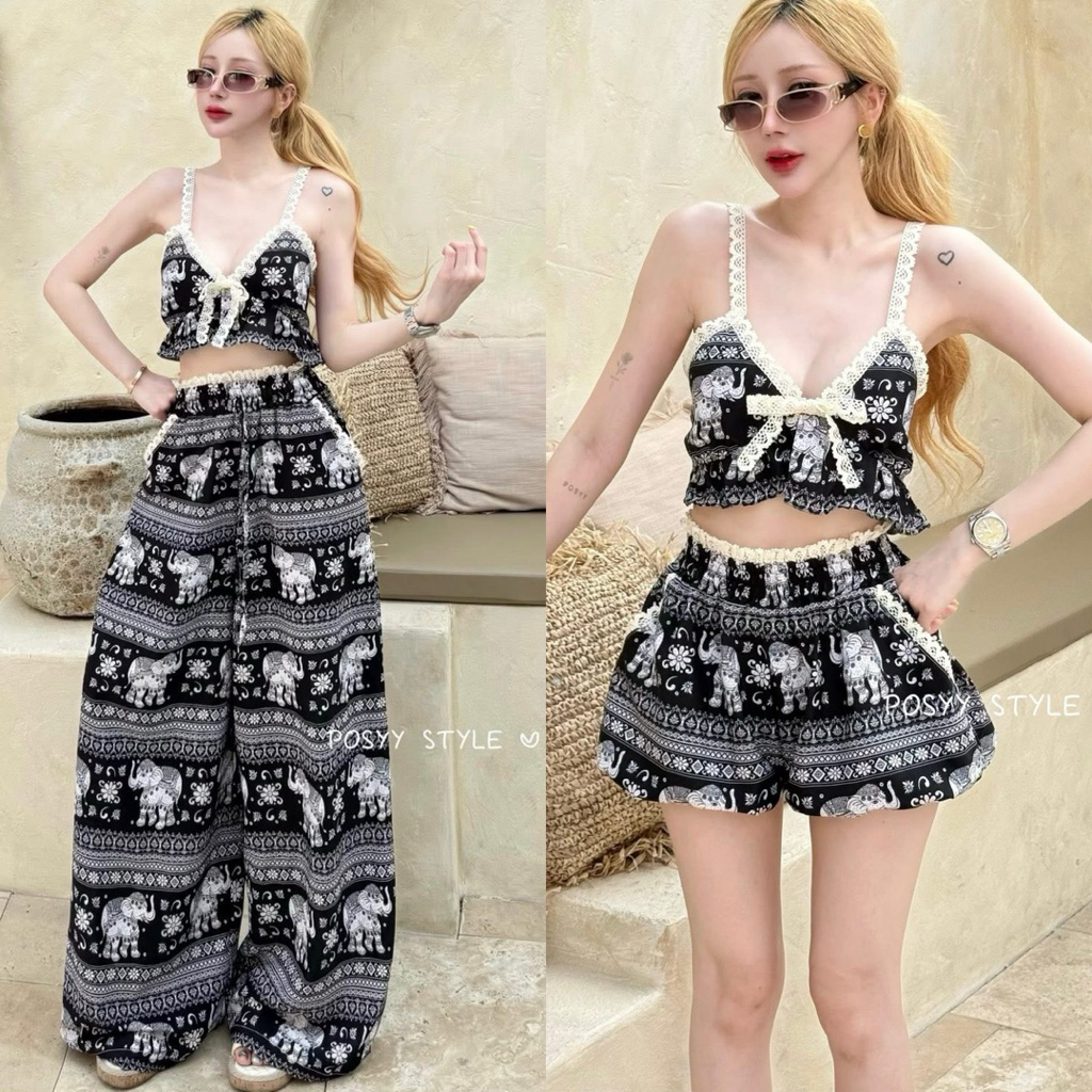 🔥🔥 Posyy Style งานตามหา คอลใหม่ มือ 1 ป้ายห้อย ✅ - Set ลายช้างเสื้อขอบลูกไม้ + กางเกง 🐘🐘