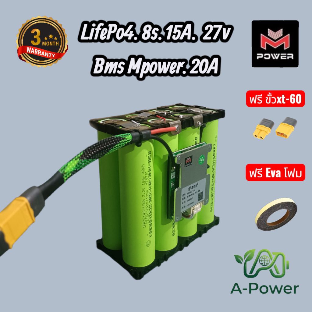 แบตเตอรี่LifePo4. 32140   8s 27v 15000mAh(15a)