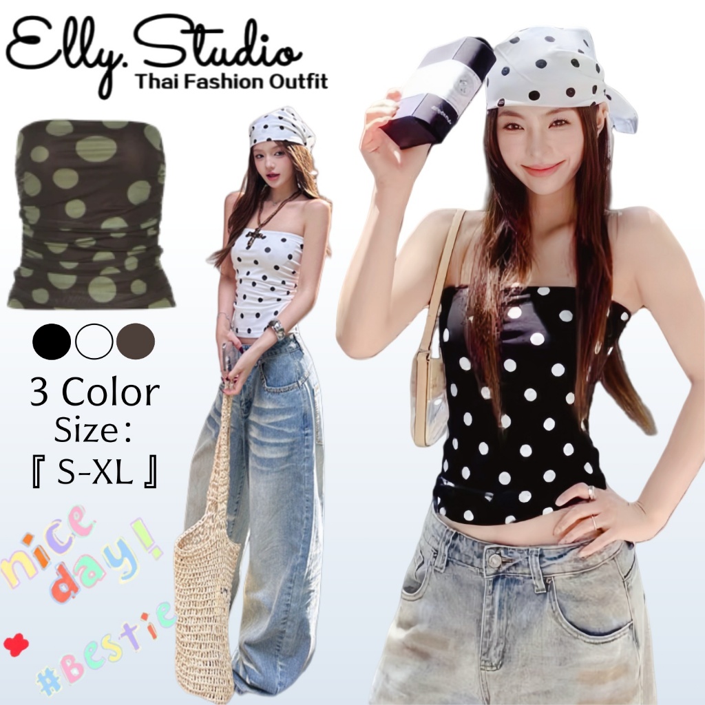 Elly พร้อมส่ง❤️️เสื้อเกาะอกผู้หญิง❤️️เสื้อครอปแขนกุด ดีไซน์เก๋ สไตล์สาวฮอตอเมริกัน ชุดไปทะเล ลายจุดPolkadot ทรงรัดรูป