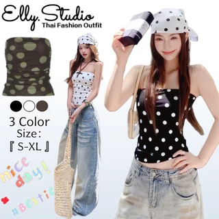 Elly พร้อมส่ง❤️️เสื้อเกาะอกผู้หญิง❤️️เสื้อครอปแขนกุด ดีไซน์เก๋ สไตล์สาวฮอตอเมริกัน ชุดไปทะเล ลายจุดPolkadot ทรงรัดรูป