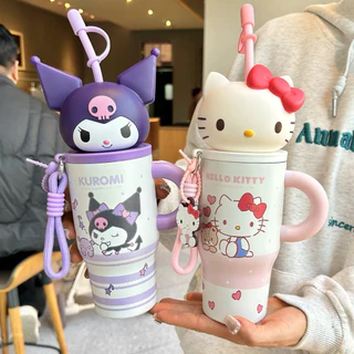 Sario แท้ รุ่นหูจับ น่ารักมาก ความจุ 580 ml สแตนเลส 316 คุณภาพอย่างดี เก็บเย็นนานทั้งวัน มีหลอดดูดจุกปิด มีหูจับ+สายหิ้ว