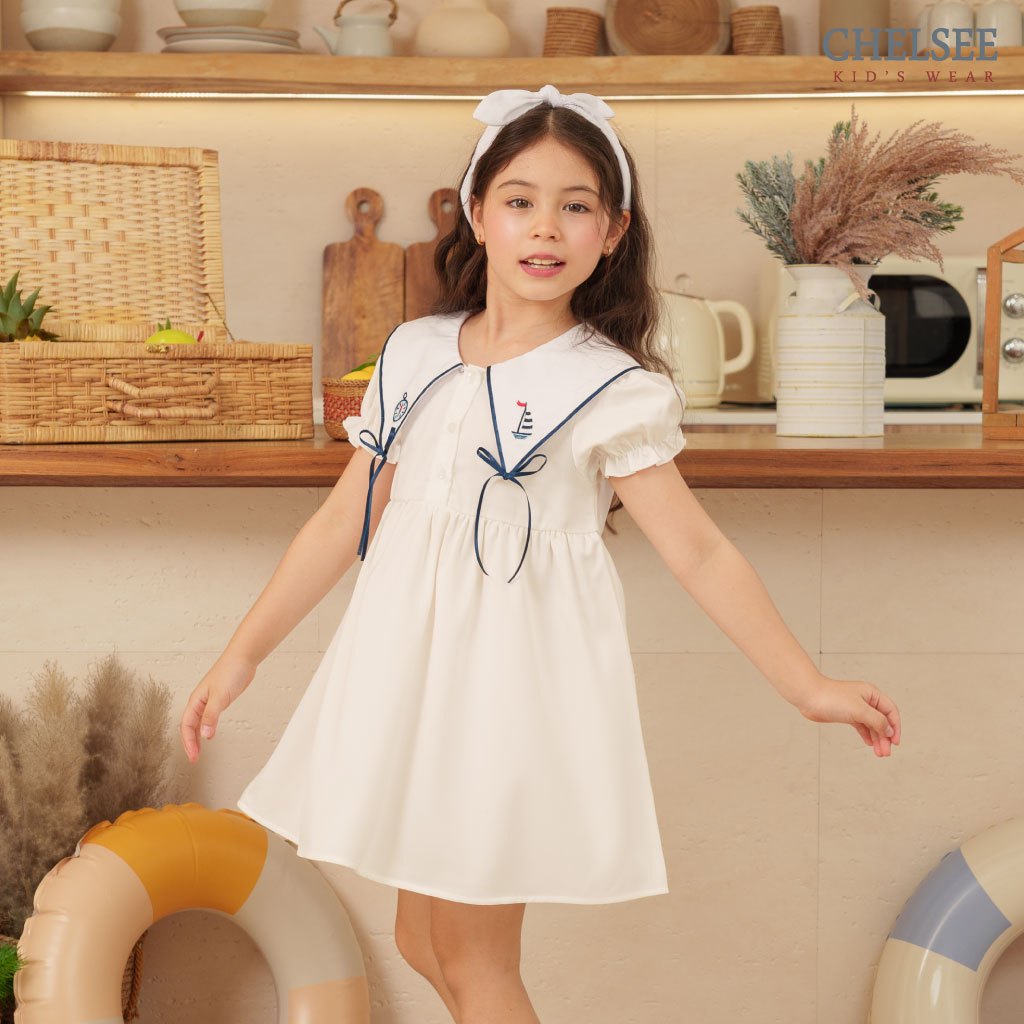 Chelsee ชุดเดรสกระโปรง ปกแหลม ประดับโบว์ เรียบๆ ผ้า POPLIN นิ่ม เด็กผู้หญิง อายุ 1.5-10ปี เสื้อผ้าเด็ก รุ่น 238229