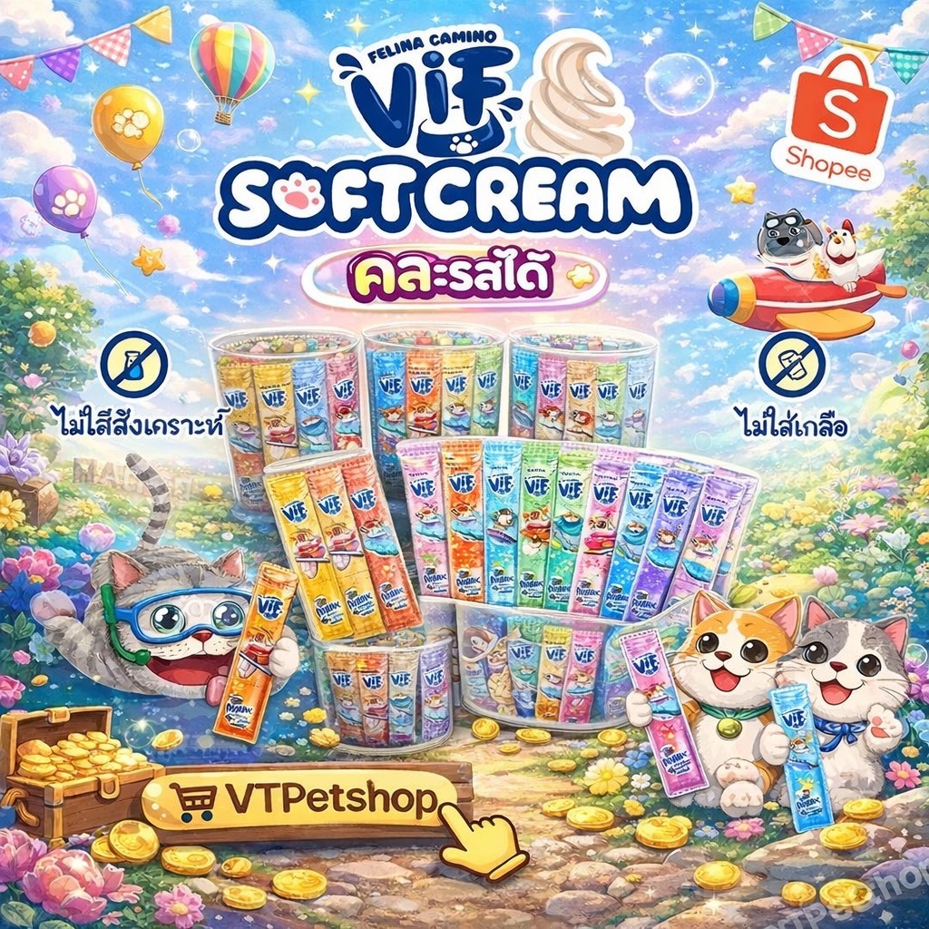 ( 40ซอง ) Vif Soft Cream ขนมแมวเลีย ซอฟท์ครีมแมวเลียเสริมวิตามิน ไม่เติมเกลือ ผลิตจากวัตถุดิบธรรมชาติ ขนาด 15g ( 40ซอง )
