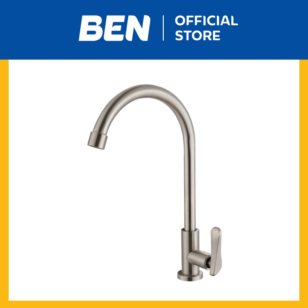 BEN FIX-304 ก๊อกซิงค์น้ำเย็นเคาน์เตอร์ งวงก๊อกสวิง ซ้าย-ขวา วัสดุสแตนเลส เกรด 304 สีสแตนเลสด้าน
