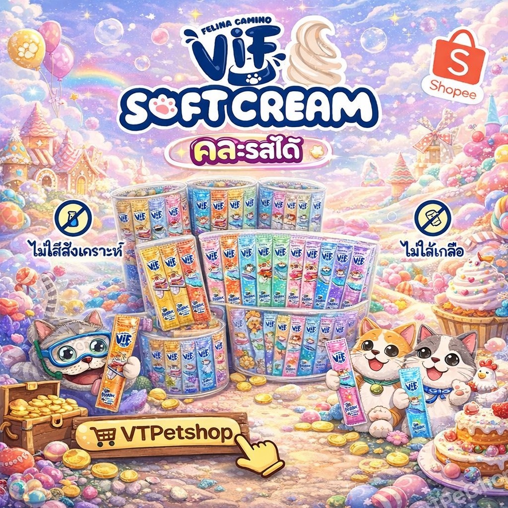 ( 20ซอง ) Vif Soft Cream ขนมแมวเลีย ซอฟท์ครีมแมวเลียเสริมวิตามิน ไม่เติมเกลือ ผลิตจากวัตถุดิบธรรมชาติ ขนาด 15g ( 20ซอง )