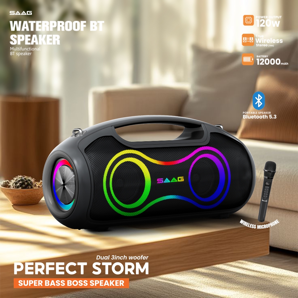 SAAG PERFECT STORM ลำโพงบลูทูธ 60W กันน้ำ IPX5 ไฟ RGB แถมไมค์ไร้สาย Portable Speaker ส่งฟรี