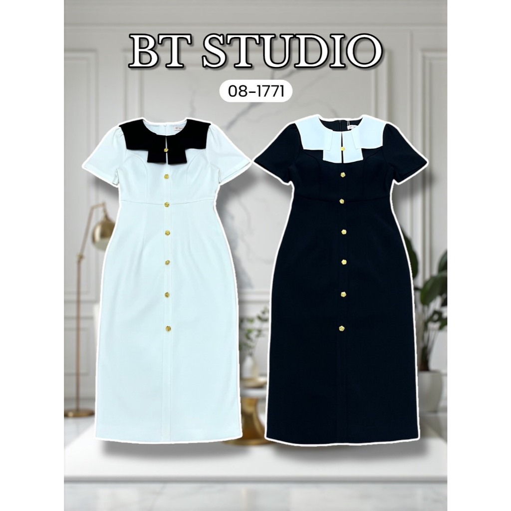 BT 08-1771 เดรสยาว แขนสั้น คอปกแต่งผ้าคลุมตัดกับสีชุด ช่วงอกเสริมฟองน้ำ แต่งกระดุมหน้าเรียงกัน ซิปหลัง