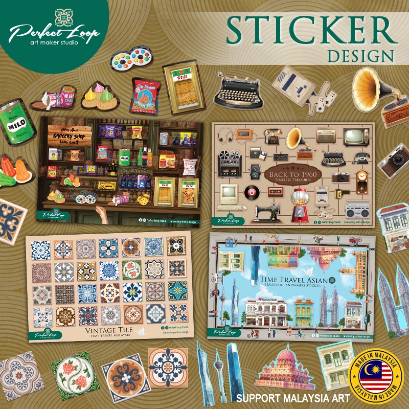 Sticker Design Asian MY Landmarks Vintage Grocery products & Retro tiles Concept (BUY 10 FREE 1)