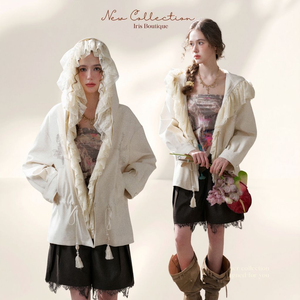 Original Design IRIS BOUTIQUE 26 ss Trims series IJ19144 Ivory Hooded Layer Jacket เสื้อคลุมโทนไอวอรี่ดีไซน์ฮู้ด