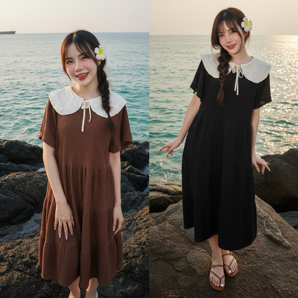 ชุดเดรสสาวอวบทรงเกาหลีน่ารักคอบัวระบายชั้นๆทรงปล่อยเสื้อผ้าผู้หญิงสาวอวบ#ชุดคลุมท้อง#ชุดเดรสสีดำ#ชุดสีดำ