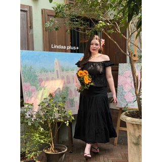 (LD) เซ็ต เสื้อแขนตุ๊กตาผ่าหน้า+กระโปรงยาวทรงระบาย สวยงาม ฟีลเจ้าหญิงมาก เสื้อผ้าสาวอวบอ้วน ไซส์ใหญ่