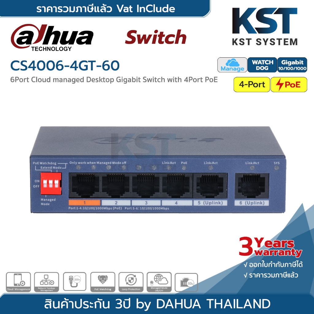 CS4006-4GT-60 Dahua 6-Port Cloud Managed Desktop Gigabit Switch with 4-Port PoE