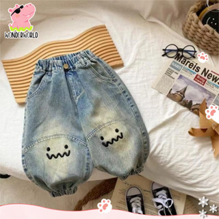 กางเกงยีนส์เด็ก กางเกงยีนส์ขายาวเด็ก ขากว้าง ลายยิ้ม  สไตล์เ…