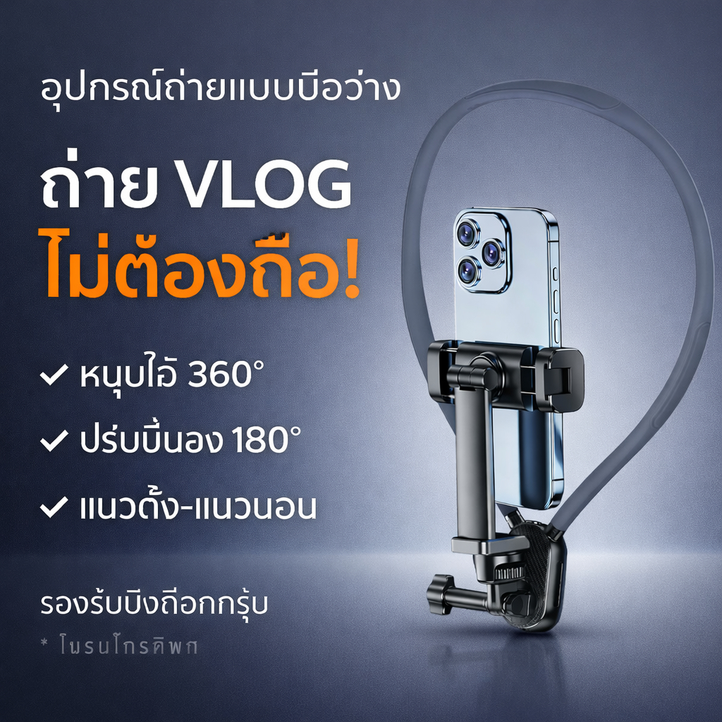 ที่ยึดมือถือแบบคล้องคอ มีไฟ LED ถ่าย Vlog มือว่าง หมุน 360° ไลฟ์สด TikTok รองรับ iPhone Android