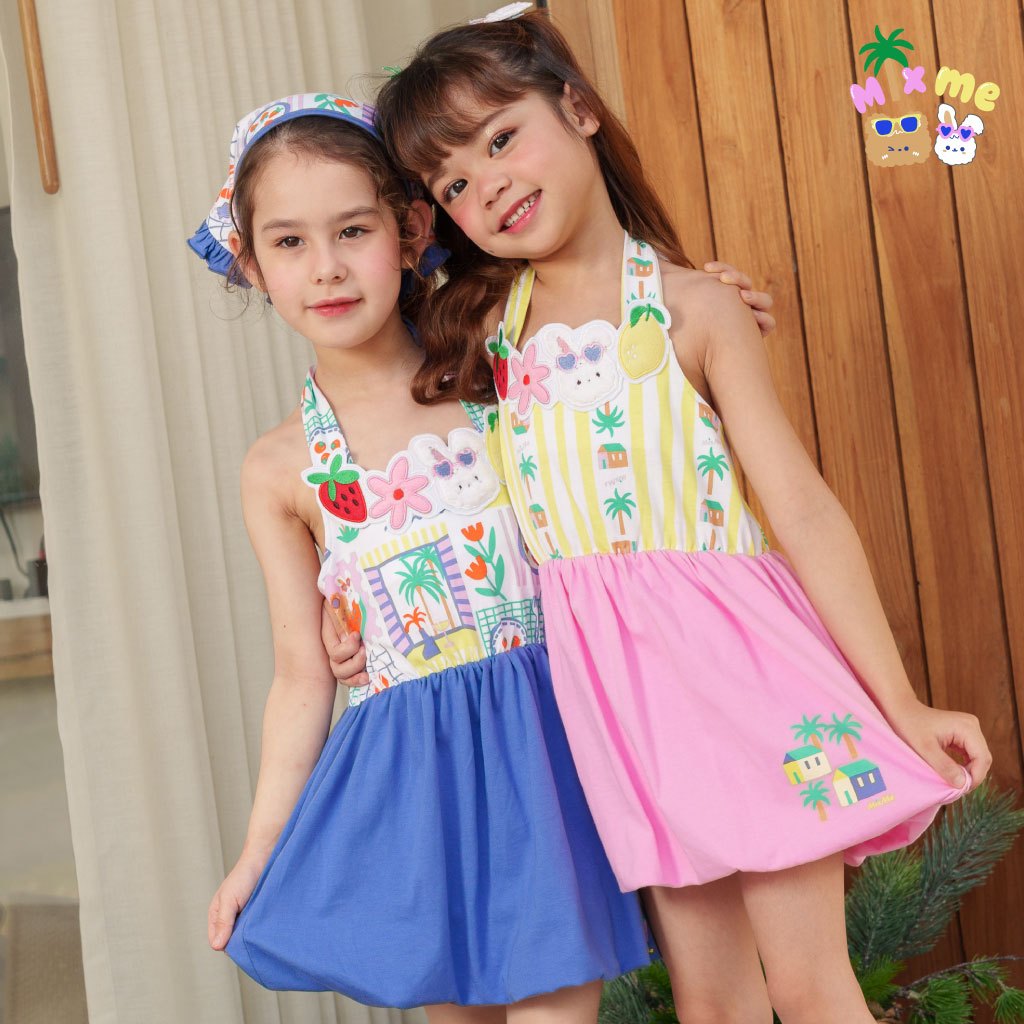 Mix Me ชุดเดรสผูกคอกระโปรงบอลลูน แต่งชิ้นอาร์มช่วงคอ ผ้า Single jersey เด็กหญิง อายุ 1-7ปี เสื้อผ้าเด็ก รุ่น 500467