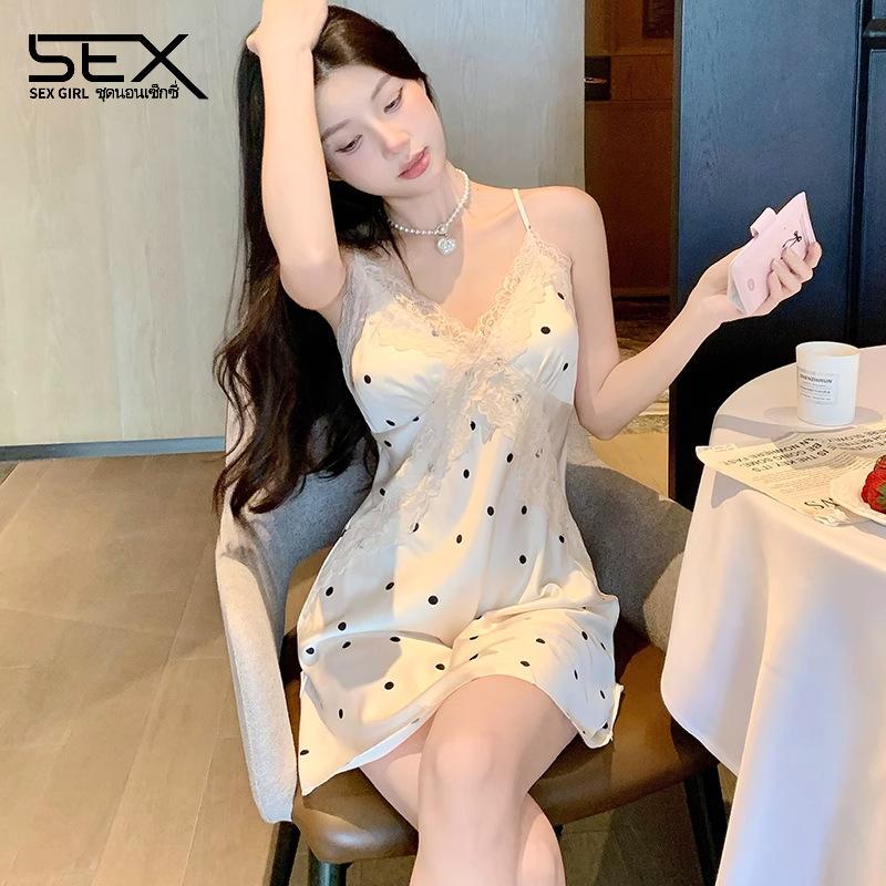 SexyGirl🍥🍥เดรสลูกไม้ ชุดนอนสตรี วัสดุผ้าซาติน คอเสื้อลูกไม้ มีหลายสีให้เลือก.