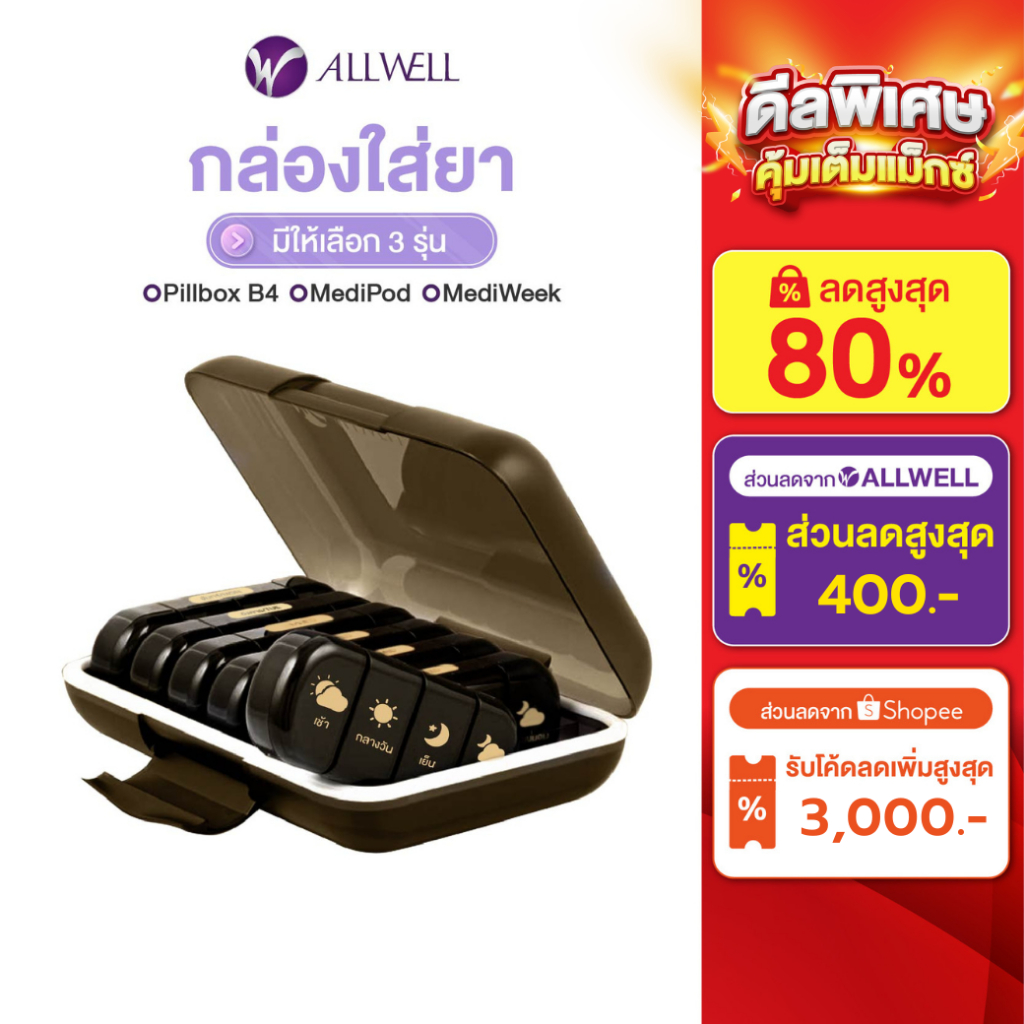 ALLWELL Pill Box B4 ตลับใส่ยารายสัปดาห์ พร้อมกล่องสำหรับพกพา กล่องเก็บยา กล่องใส่ยา กล่องยา 7 วัน กั