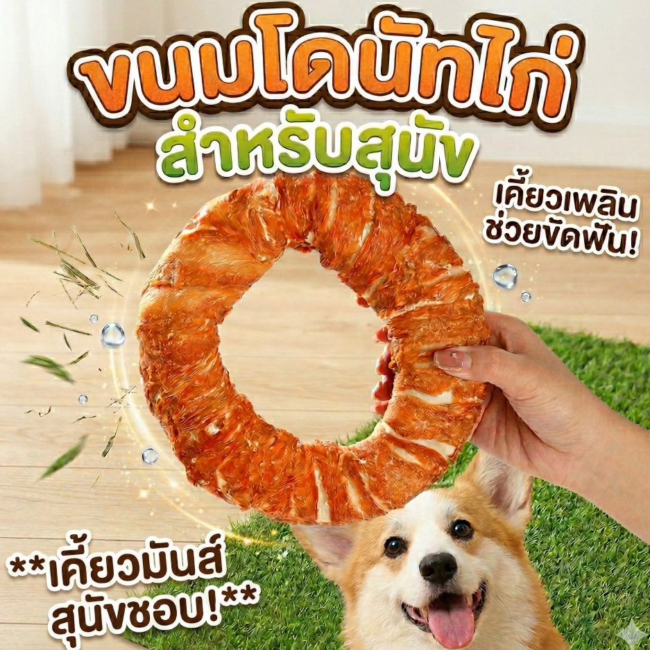 ขนมสุนัข โดนัทไก่พัน ขนมขัดฟัน ใหญ่มาก หนังวัว พันเนื้อไก่แท้ 100% ขนมขัดฟันสุนัข แทะนาน ขนมหมาแทะ ขนมหมา