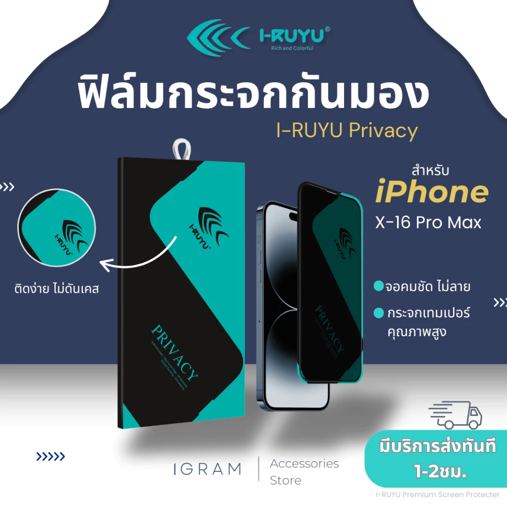 I-RUYU ฟิล์มกระจกกันมองพรีเมียมเต็มจอ สำหรับiPhone X-17Pro Max คุณภาพสูง จอชัด ภาพไม่ลาย