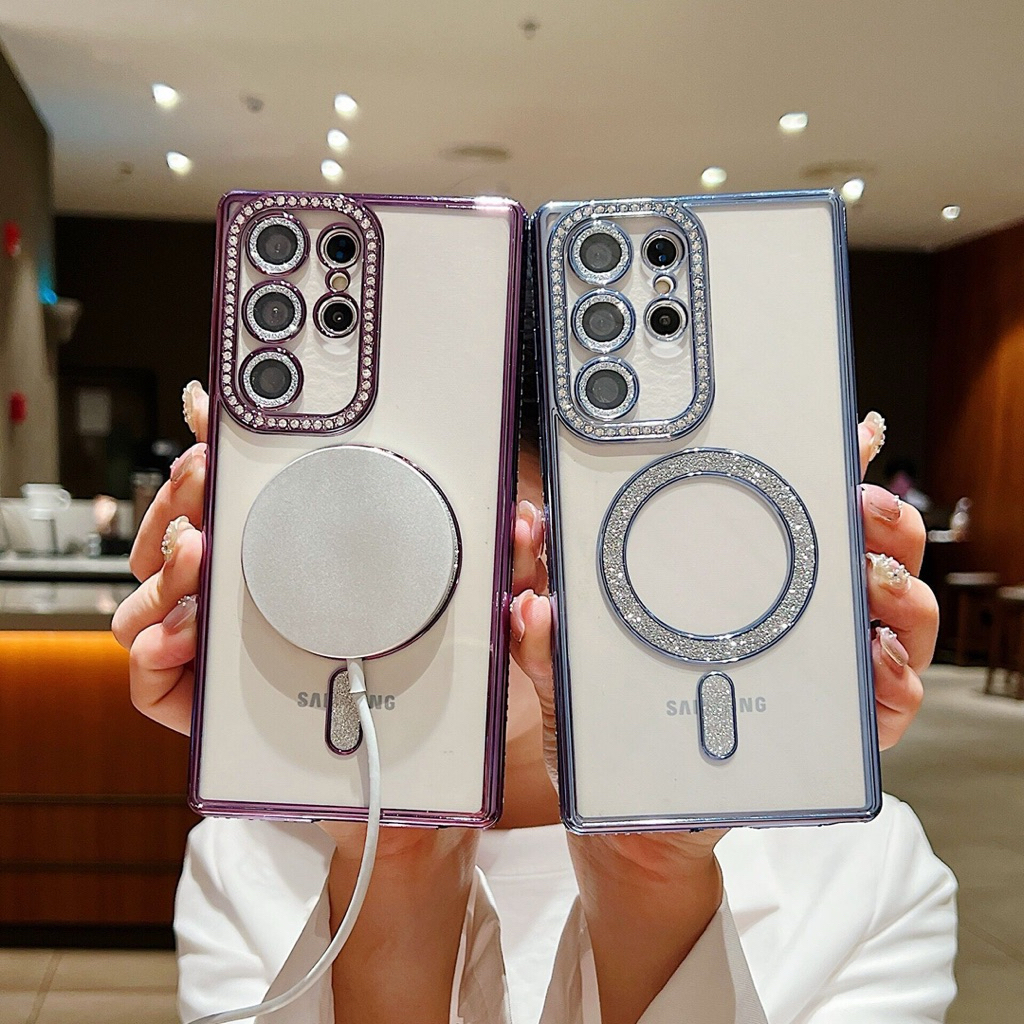 เคสใสนิ่ม ขอบเพชร แม่เหล็ก สําหรับ Samsung S25 S24 S23 Ultra เคสซิลิโคนนิ่ม TPU กันกระแทก
