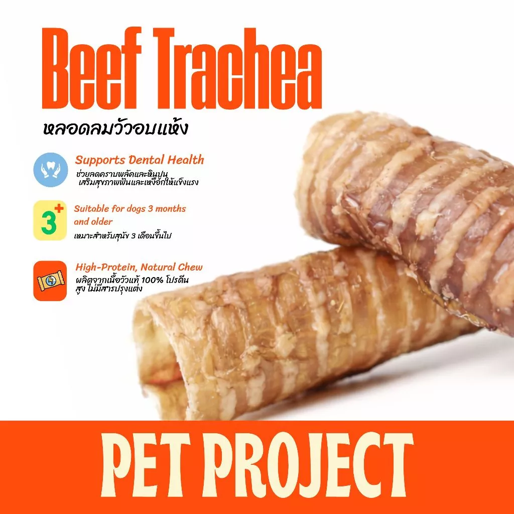 Pet Project หลอดลมวัวอบแห้ง Dehydrated Beef Tracheaขนมขัดฟันสุนัข 100% Natural