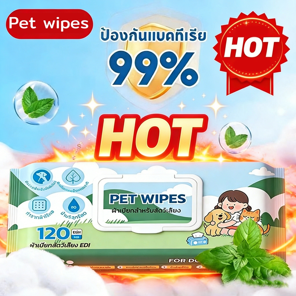 ทิชชู่เปียกสำหรับสัตว์เลี้ยง 120 แผ่น ผ้านุ่มบางเบา ซึมซับได้ดี ปราศจากแอลกอฮอล์ ปลอดภัยใช้งาน สะอาดสะอ้าน รับน้องหมาและ