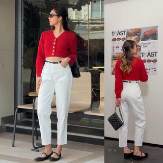 ยีนส์ป้ายEVE ทรงมัม สีขาว ผ้าไม่ยืด รหัส 9911-6