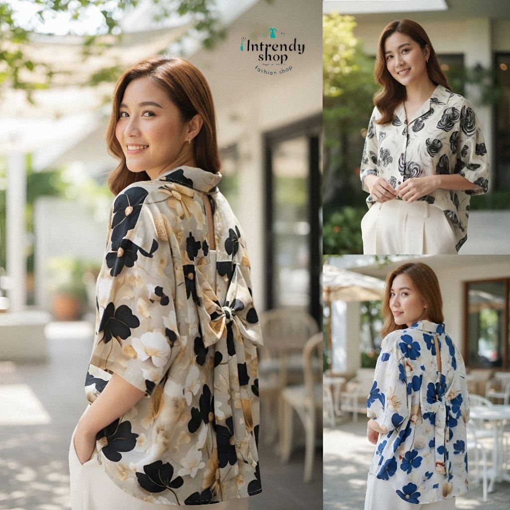 พร้อมส่ง.เสื้อเชิ้ตหลังโบว์หลังลายดอกสาวอวบ สาวอวบ ( หน้าผ้า 50 นิ้ว )เป็นผ้าแคนดี้ลายดอก.