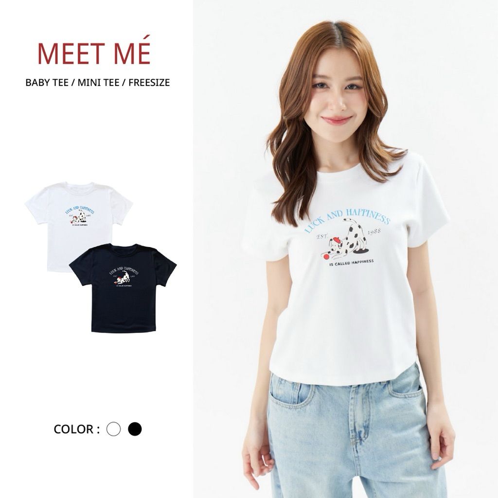 เสื้อครอป Meetme Top 0033 ลาย LUCK AND HAPPINESS สบายตัว ยืดหยุ่นดี