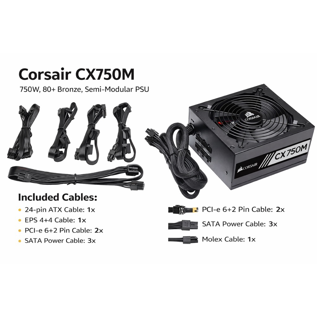 Corsair CX750M 750W 80+ Bronze Semi-Modular PSU ถอดสายได้ รองรับการ์ดจอแรง พร้อมใช้งาน