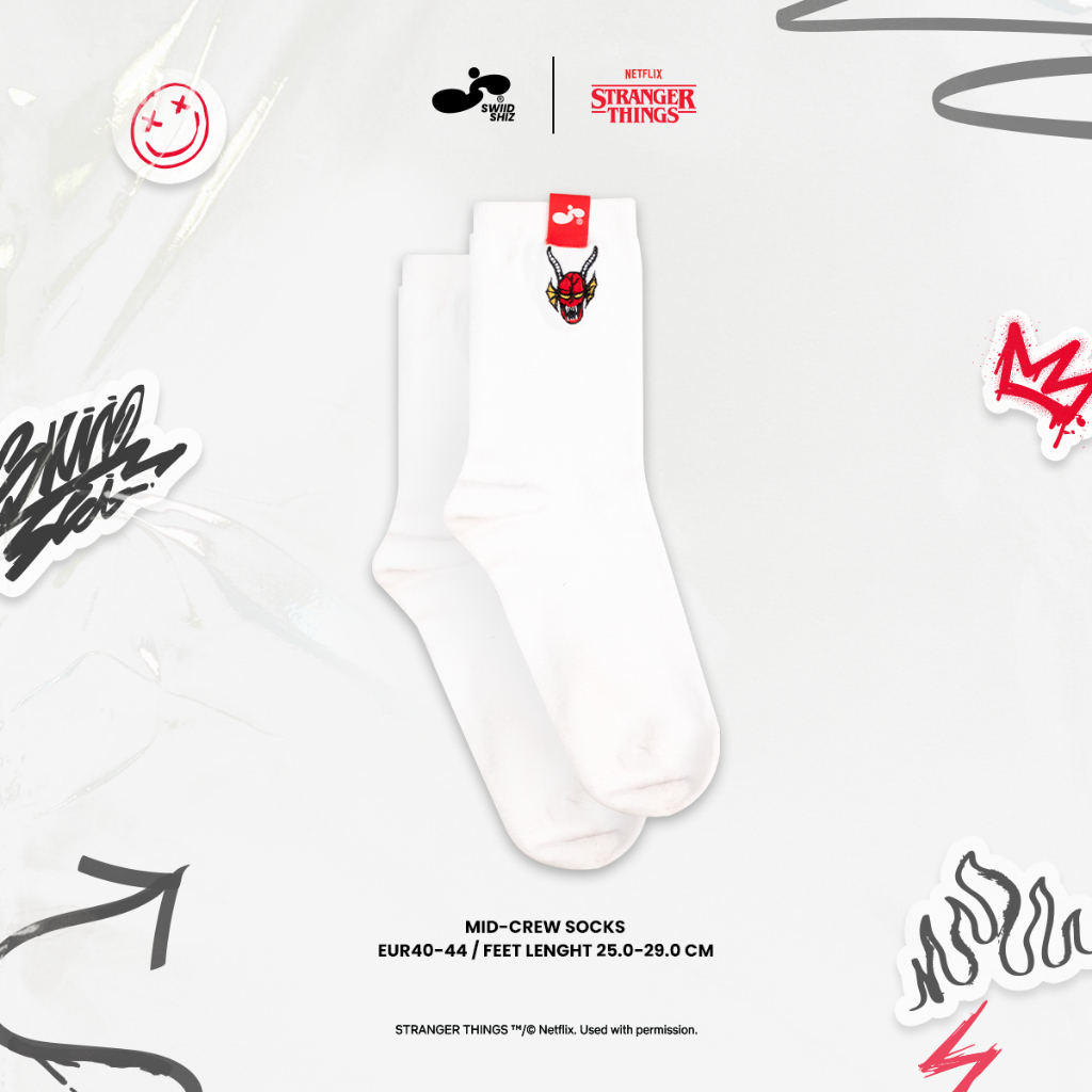 [พร้อมส่ง] Stranger Things Mid-Crew Embroidery Socks 02 White Hellfire