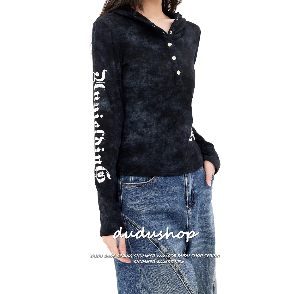 [Trendy print, casual hoodie]เกาหลีรุ่นวินเทจเทรนด์ผู้หญิงฮิปฮอปพิมพ์สบาย ๆ แขนยาวหมวกด้านบน