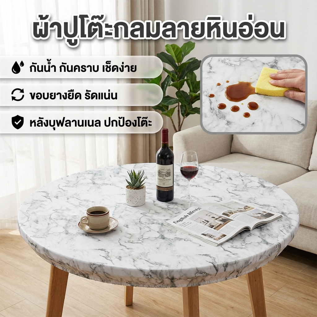 ผ้าปูโต๊ะกลม PVC ขอบยางยืด กันน้ำ กันเปื้อน (หนา) เช็ดทำความสะอาดง่าย สำหรับโต๊ะอาหาร