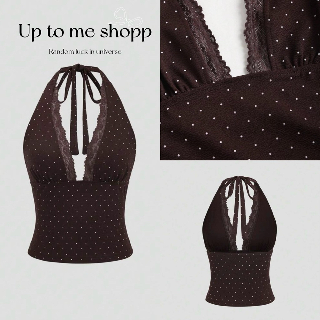 เสื้อกล้าม/สายเดี่ยว คล้องคอ ผ้าลายจุด สีน้ำตาล ตัดแต่งลูกไม้ หวานและทันสมัย  เหมาะสำหรับ ฤดูใบไม้ผลิ/ฤดูร้อน