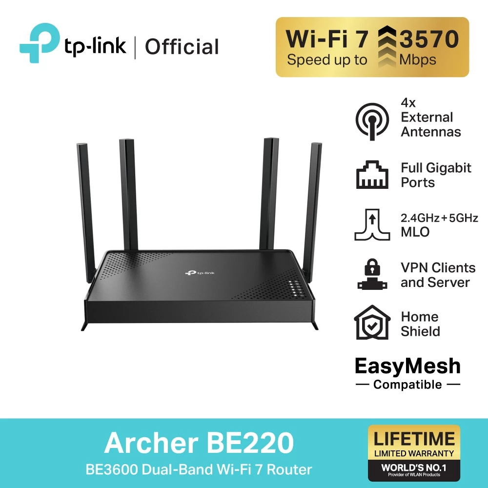 TP-Link (Archer BE220) BE3600 Dual-Band Wi-Fi 7 Router เร้าเตอร์ EasyMesh ทั่วทั้งบ้าน