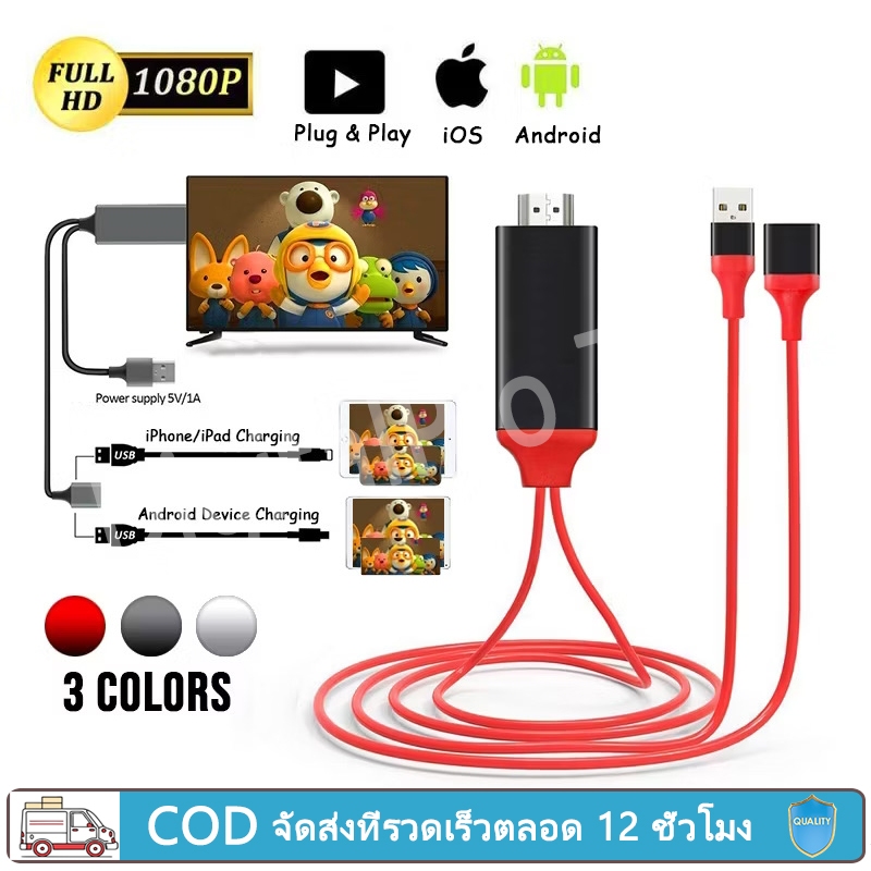 สาย HDMI 3in1HDMI Cable สายต่อจากมือถือเข้าทีวี Mobile Phone HDTV For ios/Android/Type-C Phone To HD