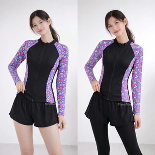 Zip Rash guard UV ชุดว่ายน้ำผู้หญิงซิปหน้าแขนยาวใส่คู่กับกางเกงว่ายน้ำขาสั้รทรงสปอร์ตหรือกางเกงว่ายน้ำขายาว M-5XL